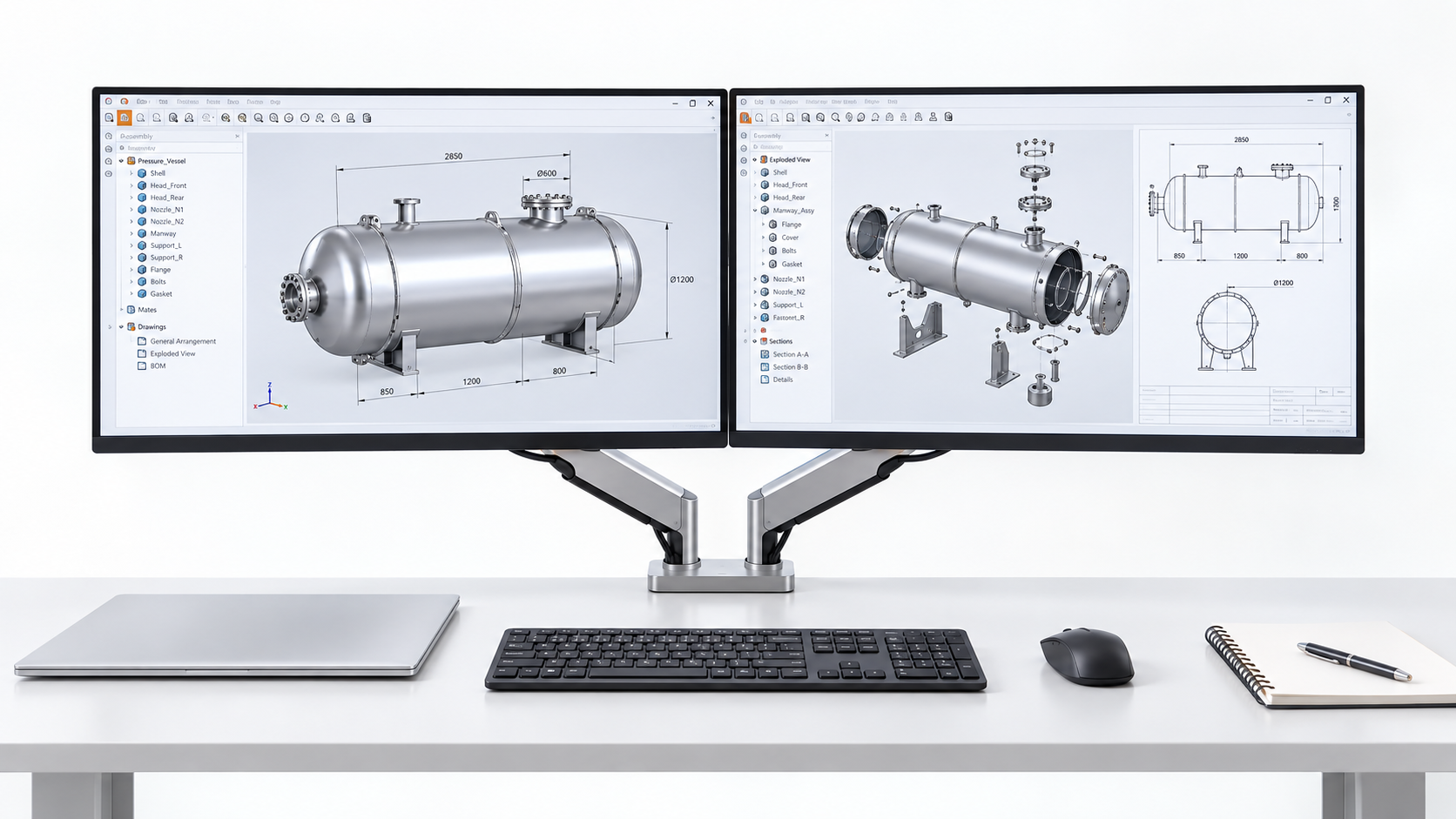 Poste de conception SOLIDWORKS avec réservoir sous pression en 3D et plans détaillés